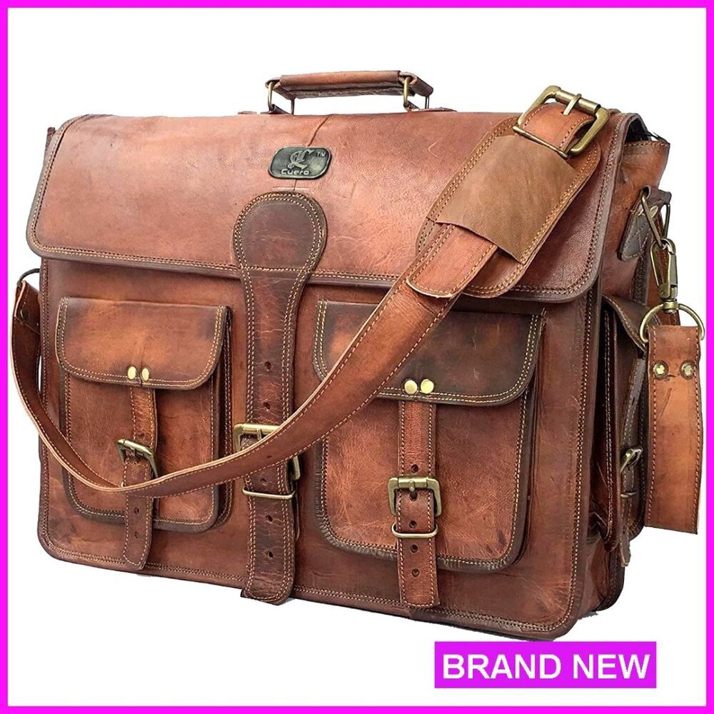 Full Grain Leather Messenger Bag, 18 Inch Laptop Crossbody Briefcase